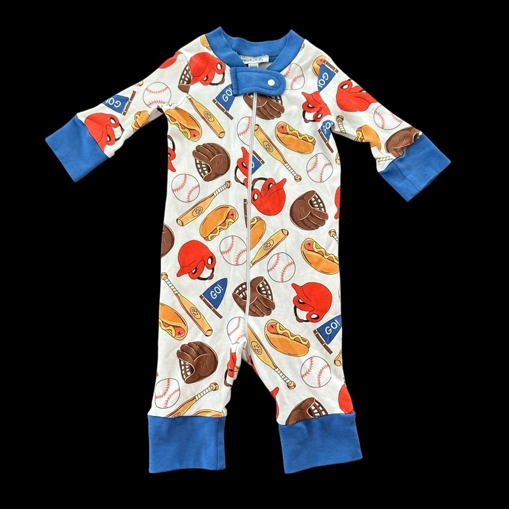 Magnolia Baby Boys 3M Pima Cotton Baseball Print Zip Up Pajama Romper One Piece‎